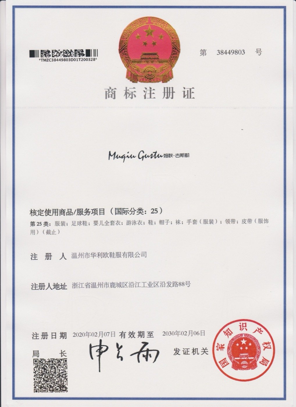 Registered trademark certificate